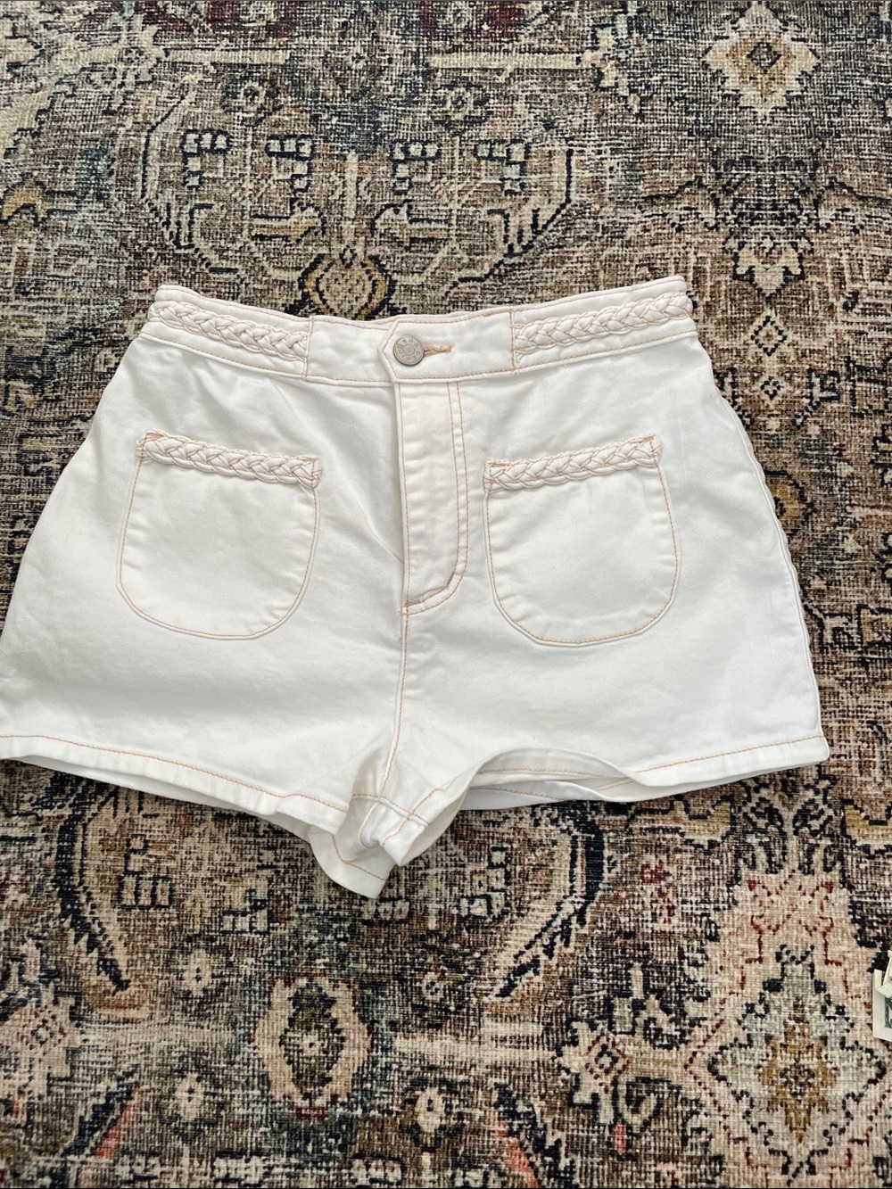 BDG Cream High-Waist Braided Trim Shorts